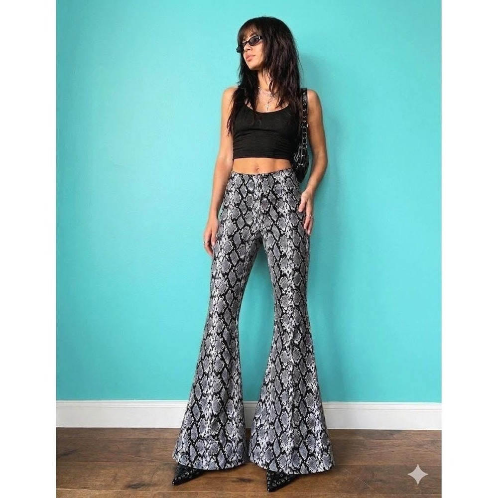 Vintage 90s Snake Print High Rise Flare Leg Pants Size Small Y2K Animal Print